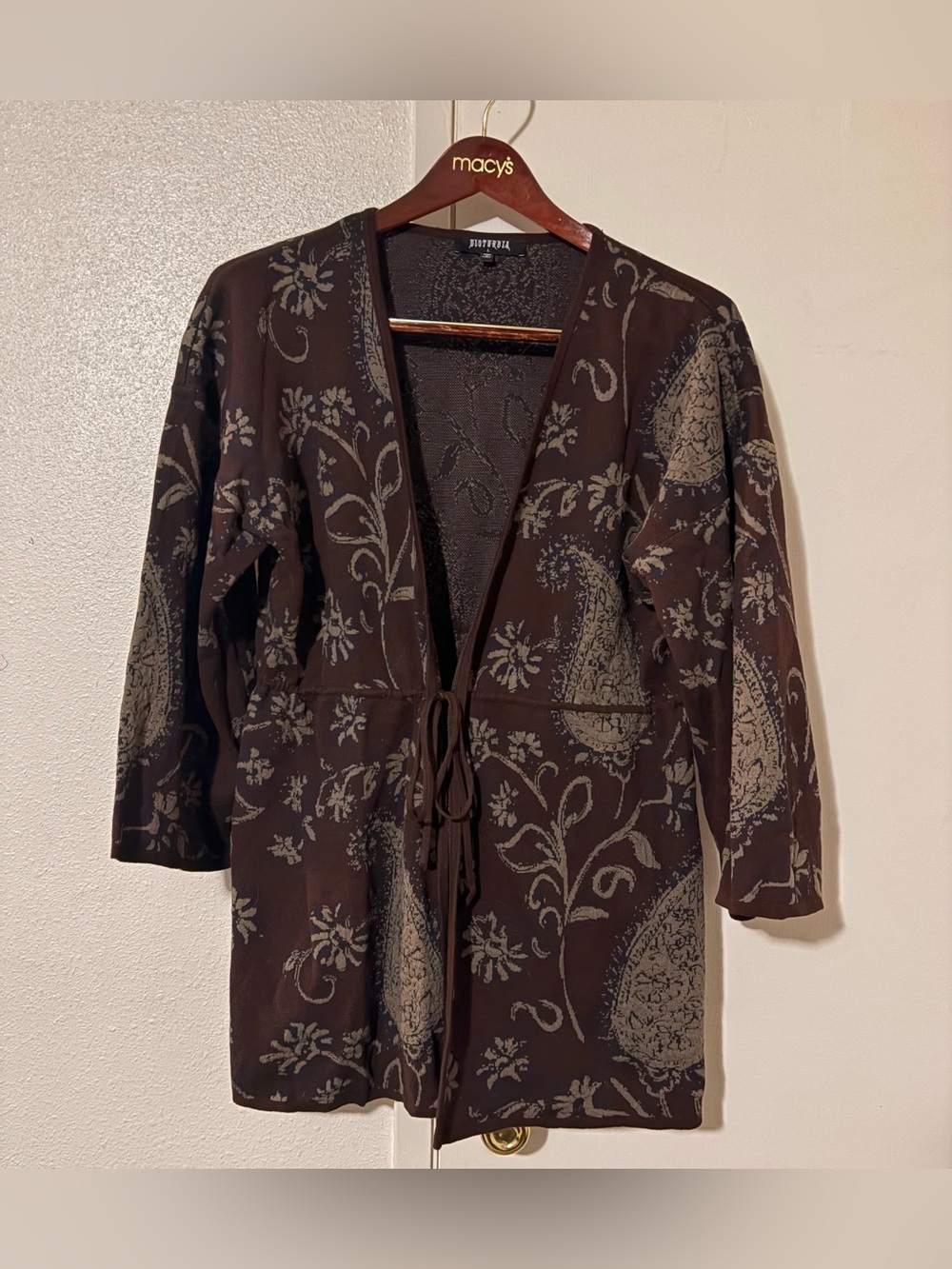 Disturbia Large Brown and Navy Knit Long Sleeve Cardigan W/ Elastic Waist Tie